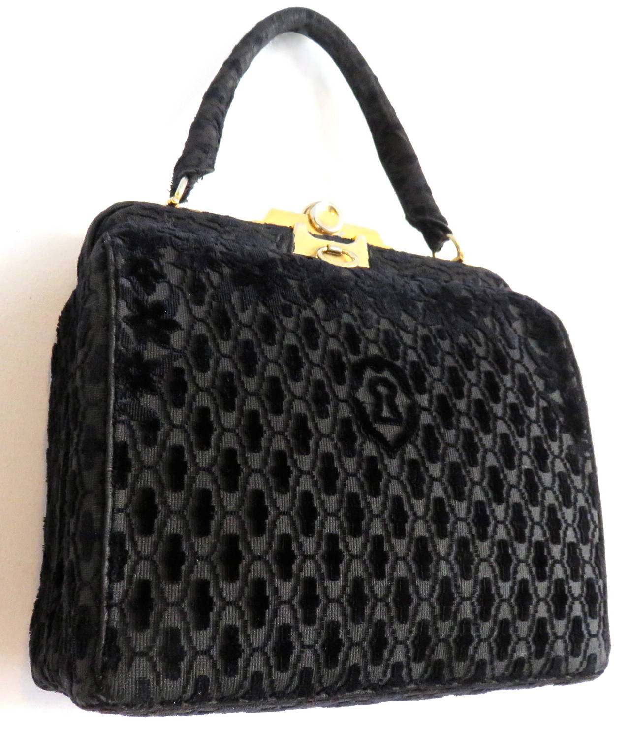 Women's 1970's ROBERTA DI CAMERINO Black cut velvet box purse For Sale
