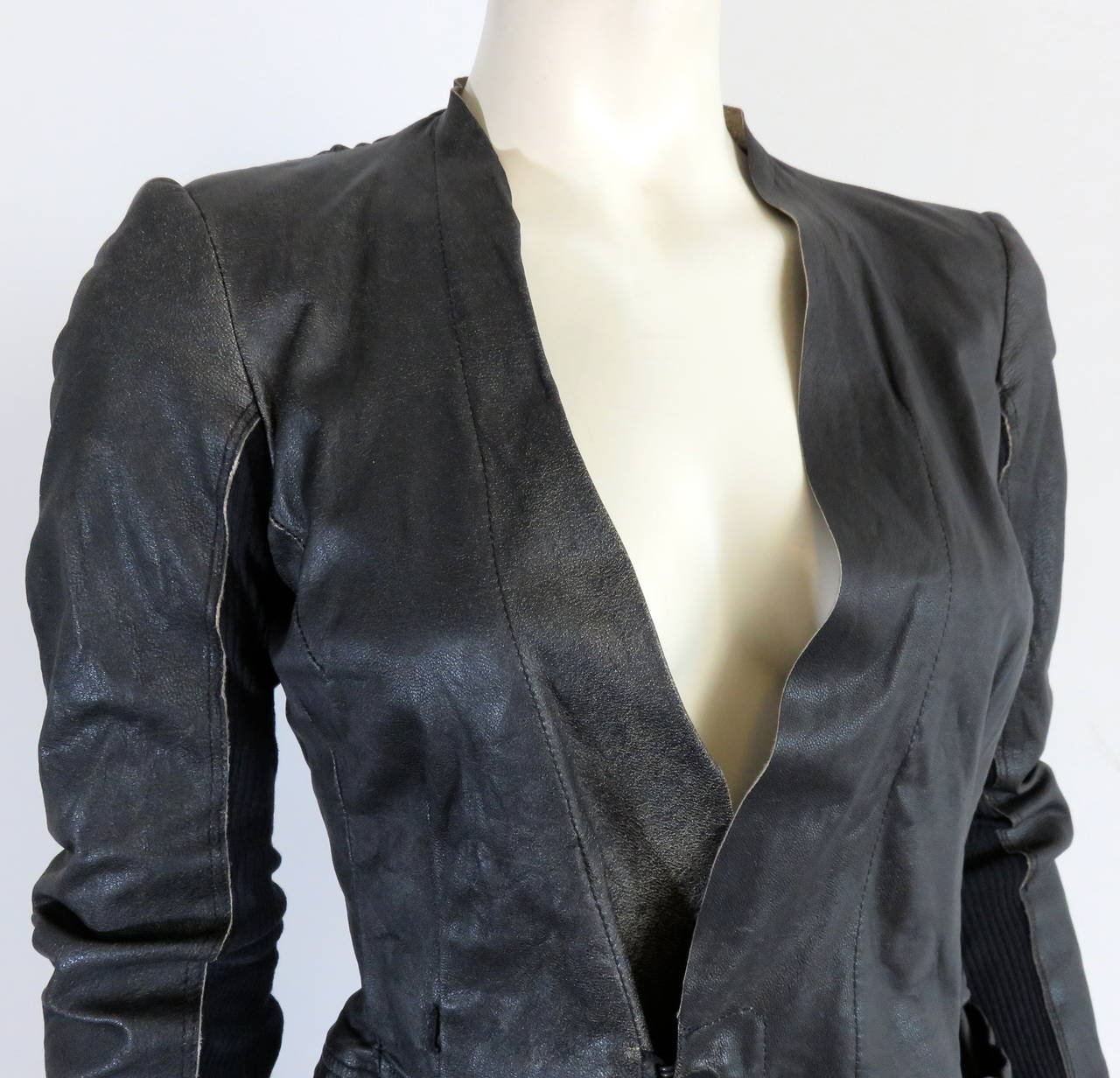 Black Early RICK OWENS Leather & rib knit jacket For Sale