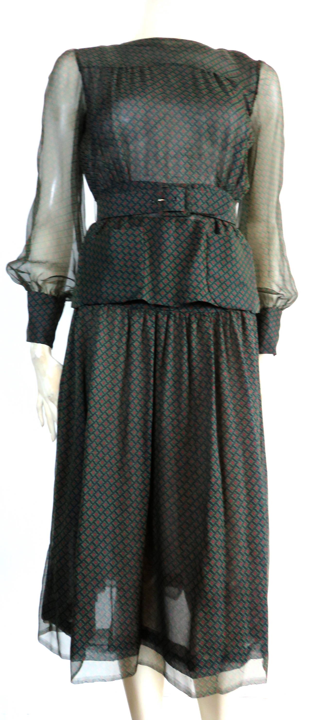 Gray 1970's VALENTINO Printed silk chiffon top & skirt dress set For Sale