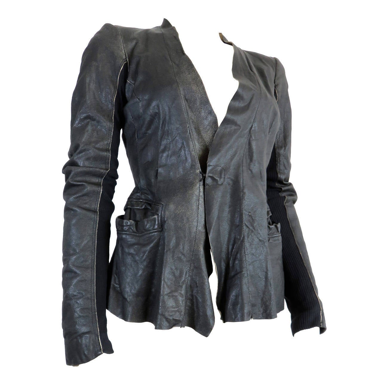 Early RICK OWENS Leather & rib knit jacket For Sale