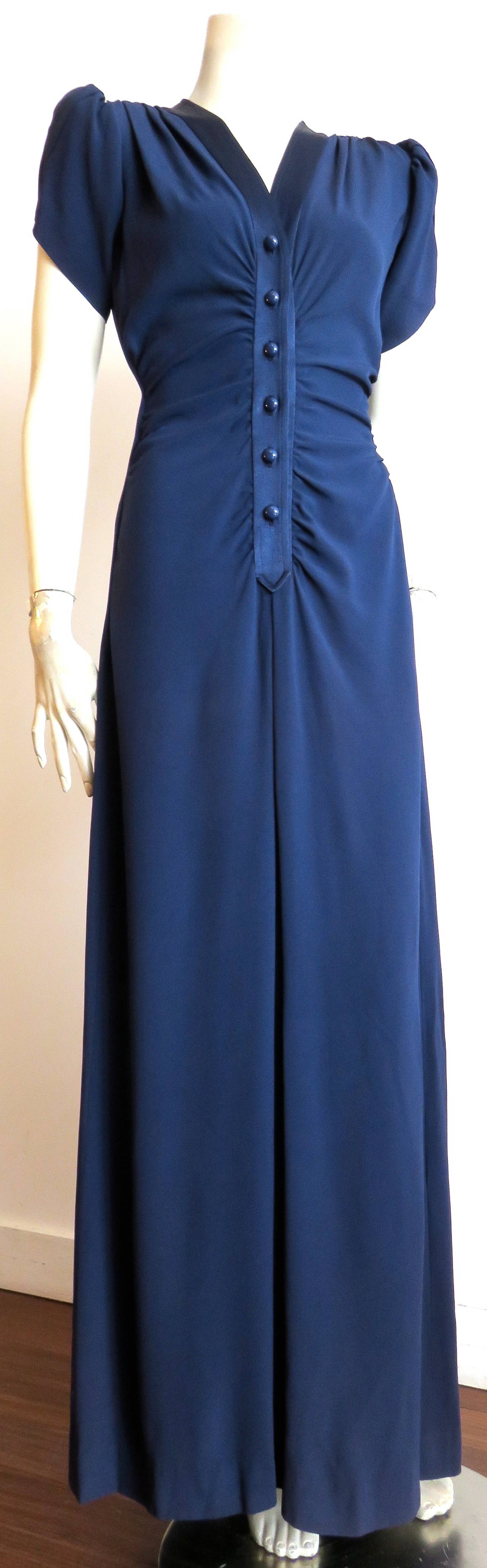 1983 YVES SAINT LAURENT 40's style blue crepe dress In Good Condition For Sale In Newport Beach, CA