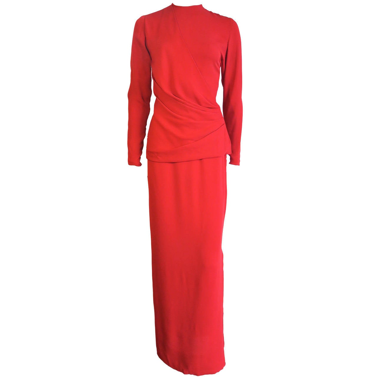 1980's GALANOS Red silk crepe 2pc. skirt & tunic set For Sale