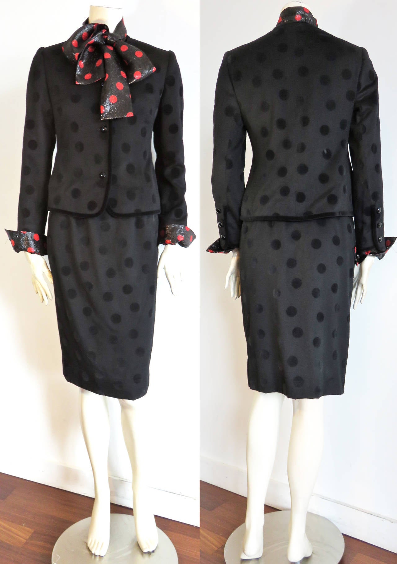 Women's 1970's GIVENCHY 3pc. Polka dot skirt suit & blouse set