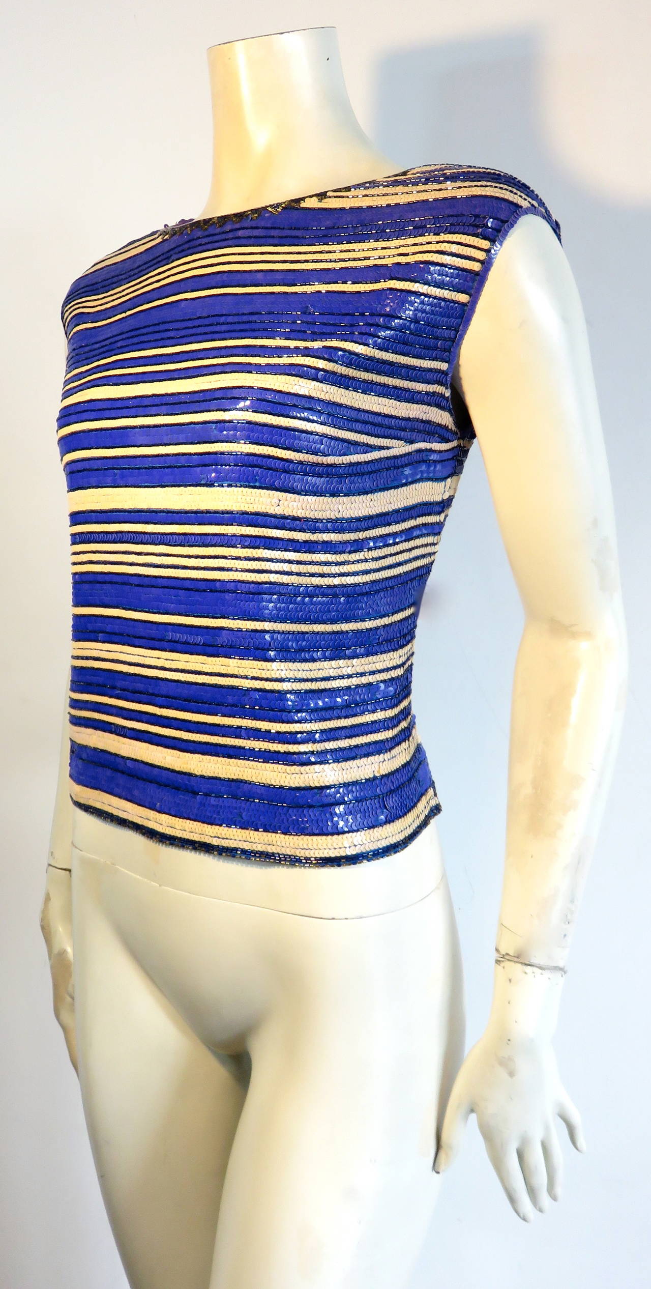 Blue 1970's CHRISTIAN DIOR Sequin & beaded evening top bodice For Sale