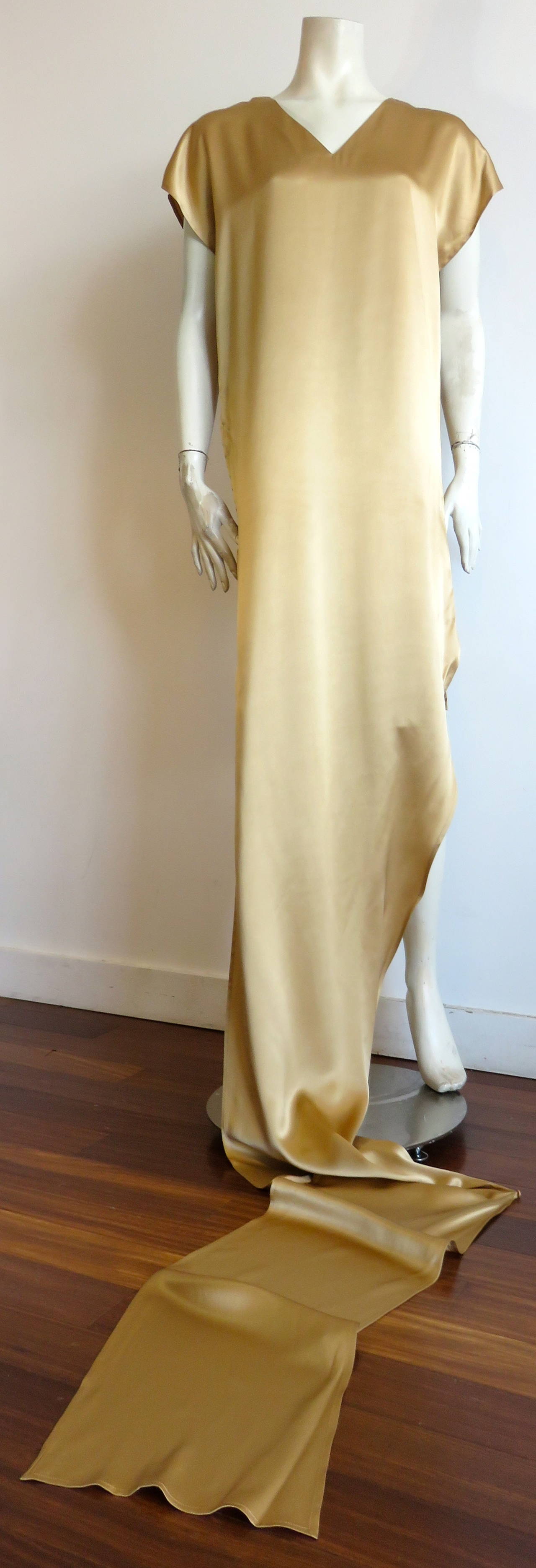 Brown 1990's SHAMASK COUTURE / MOSS Gold silk dress For Sale