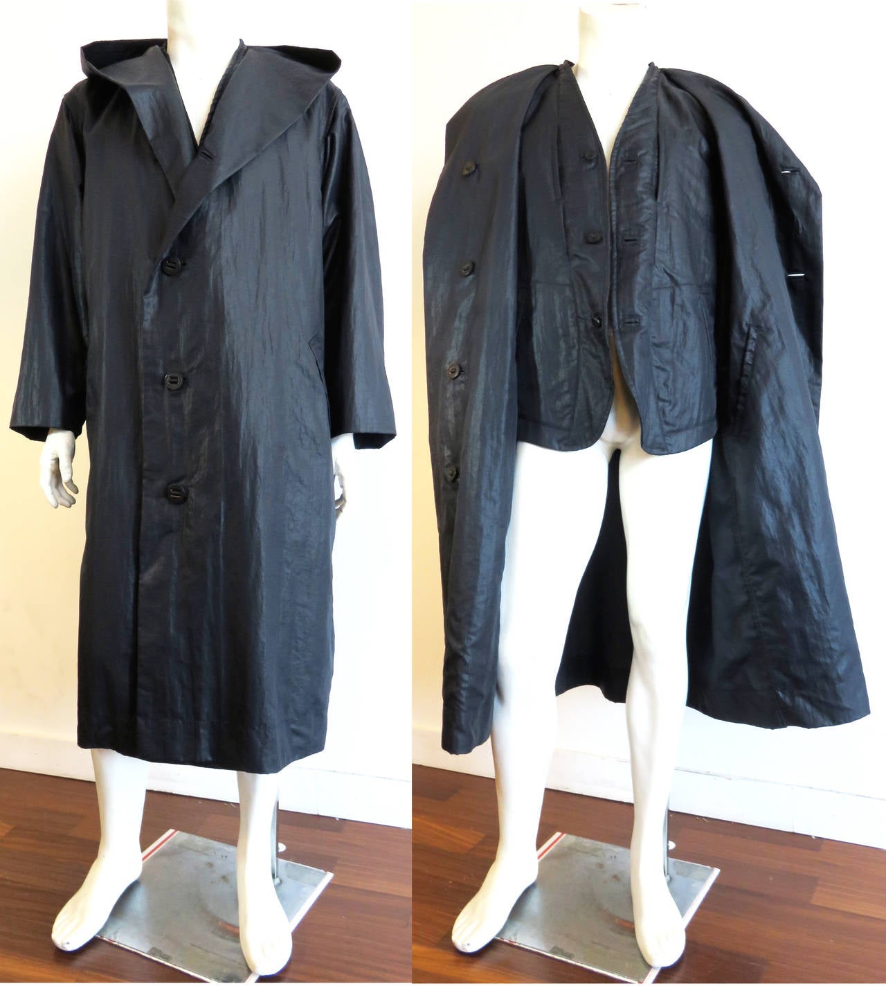 1988 ISSEY MIYAKE MEN Oversized hooded 2pc. coat & vest / waistcoat In Excellent Condition For Sale In Newport Beach, CA