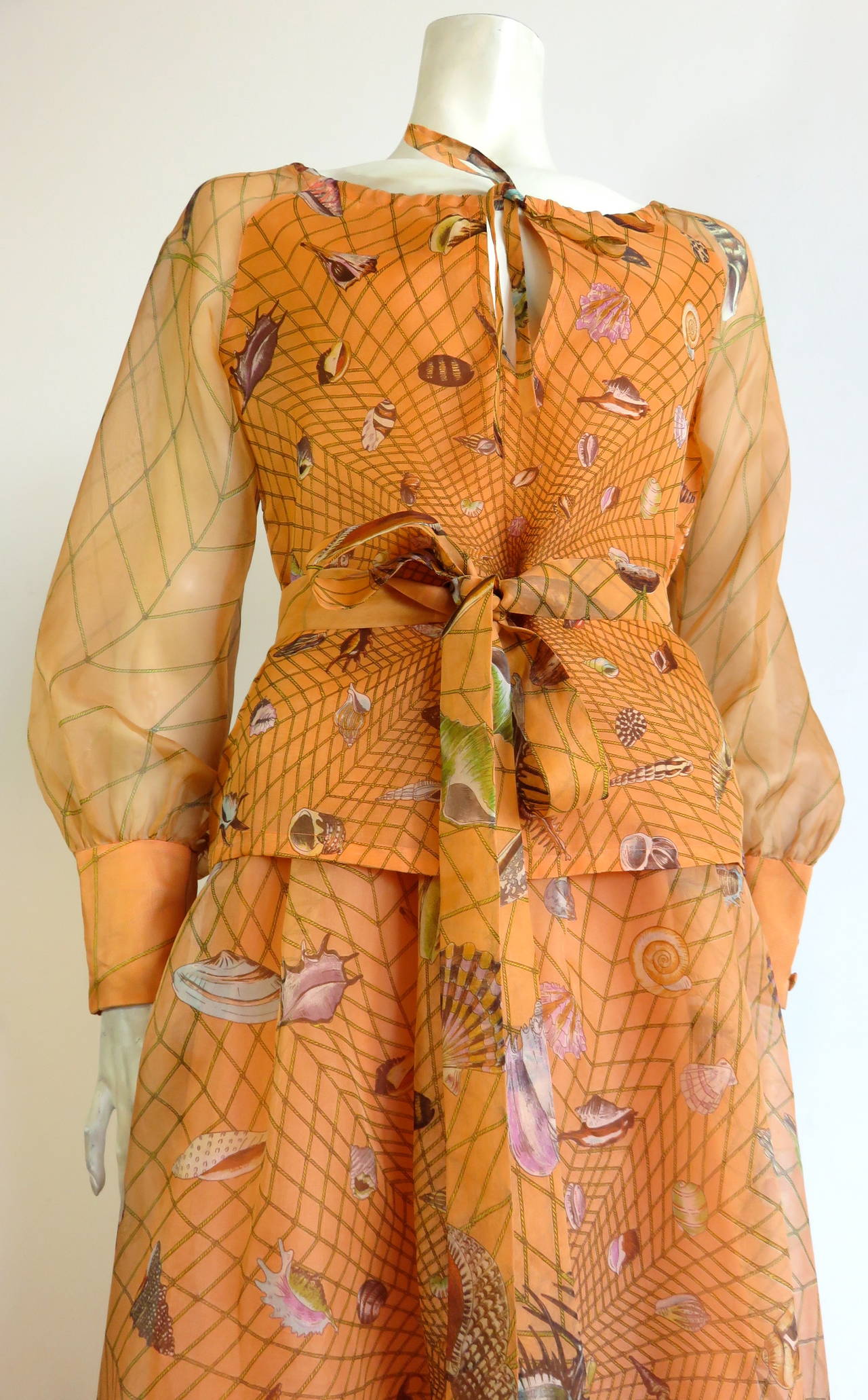 Women's 1970's GUCCI Seashell printed silk organza 2pc. dress set