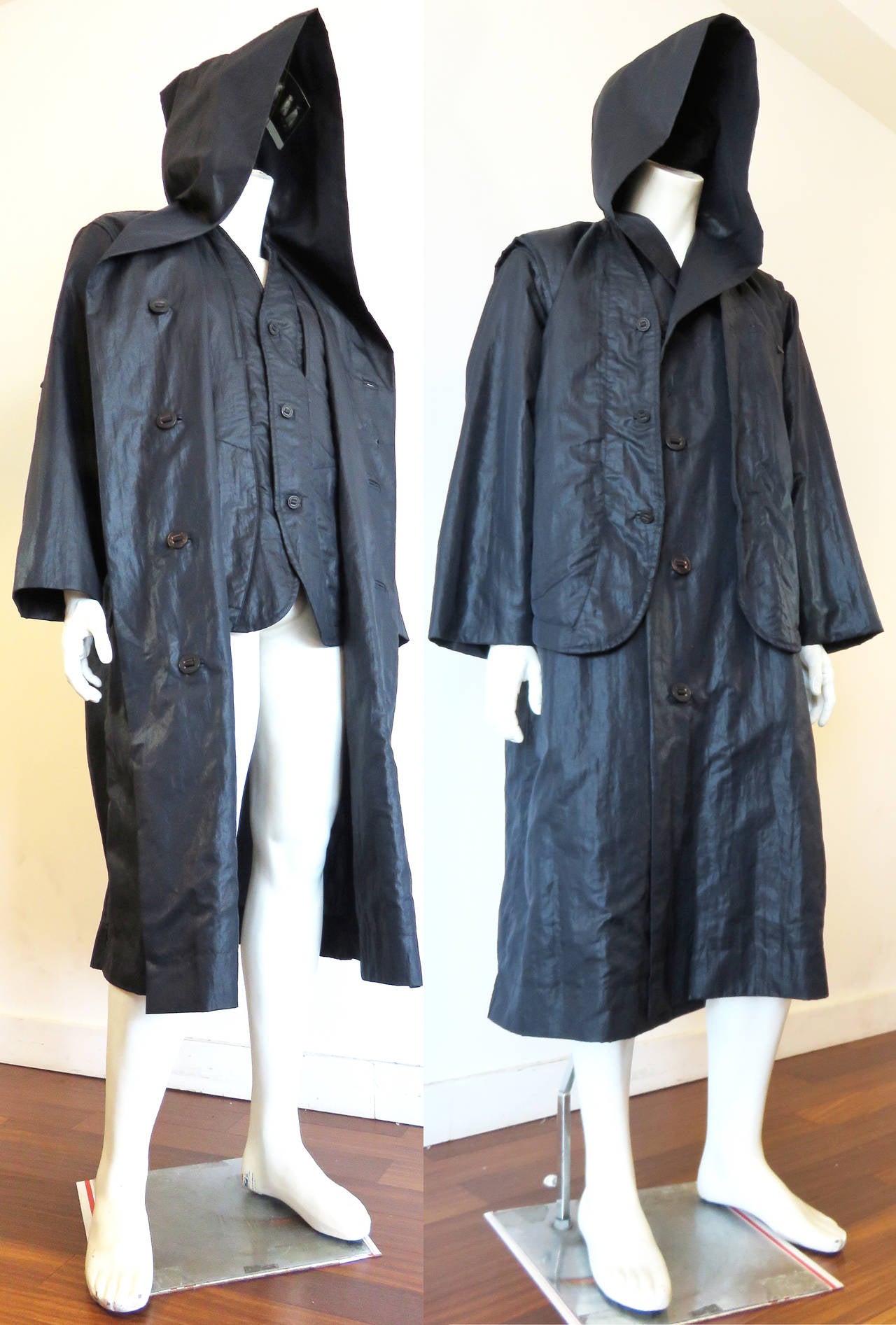 Worn once, 1988 ISSEY MIYAKE MEN, oversized hooded 2pc. coat & vest in dark midnight/ink blue, 'wet-look' fabric.

Extraordinary coat from the Issey Miyake Men's, 1988 Autumn/Winter collection. It features an oversized, seamless pointed hood that