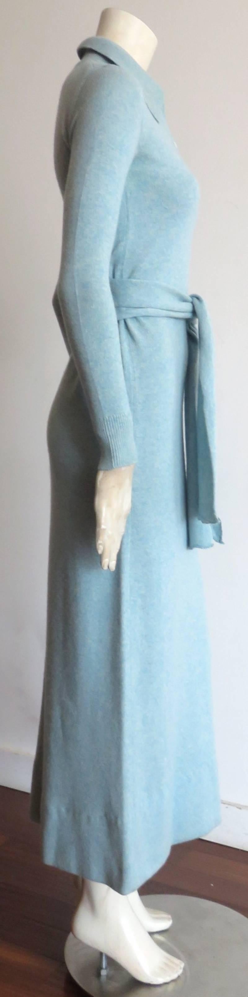 Blue 1970's HALSTON Pure cashmere belted sweater dress  For Sale
