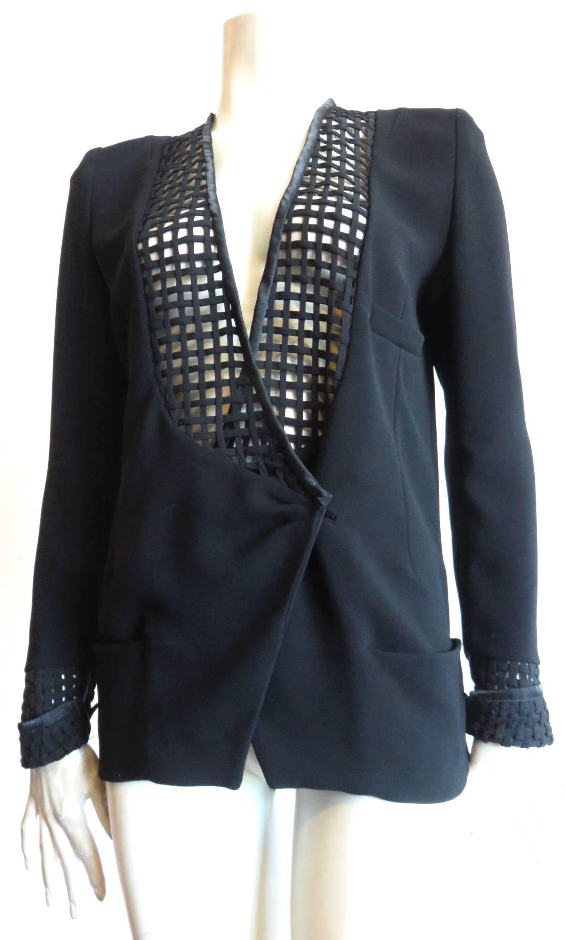Excellent condition, BALENCIAGA PARIS by Nicolas Ghesquière, Black,  silk lattice detail jacket.

Sheer, lattice detail front, and cuff detailing.  

Solid, black, crepe main body fabrication with cross-over front closure.

Draped, solid,