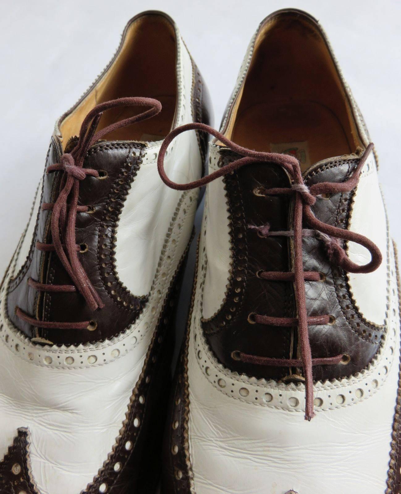 Black 1970's GUCCI ITALY Men's monogram wing-tip brogue spectator dress shoes