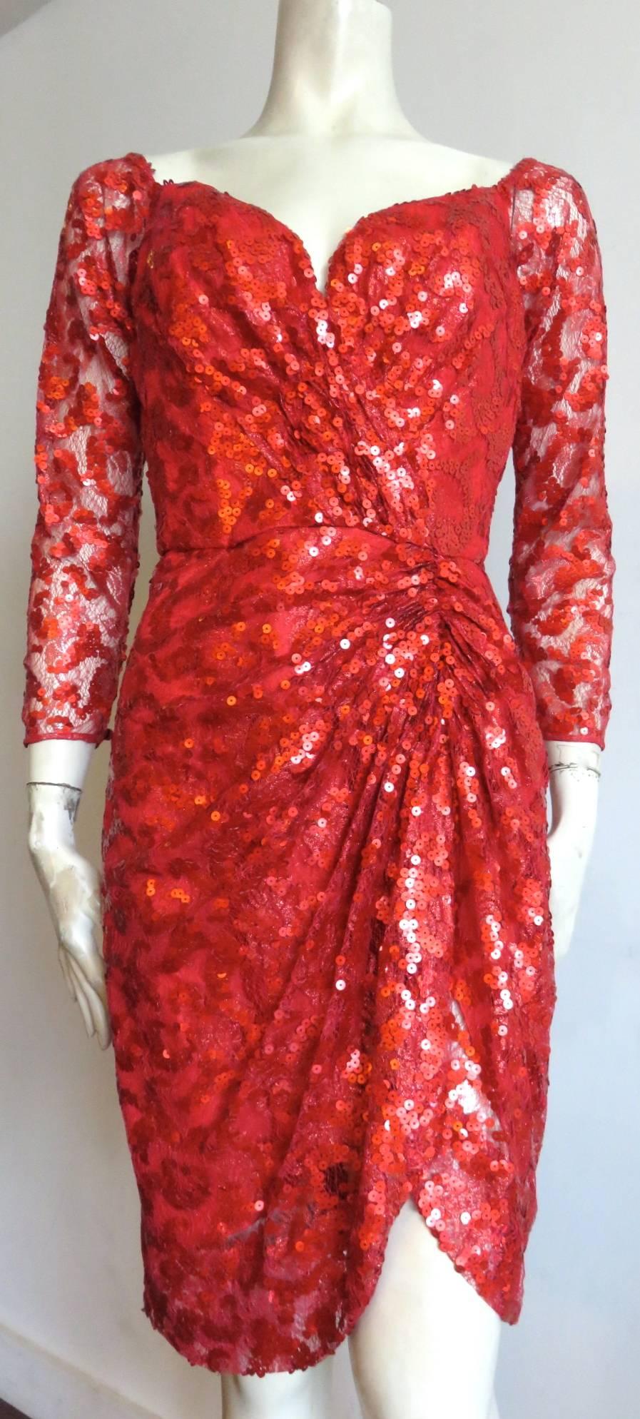 Red 1980's VICKY TIEL COUTURE Sequin & lace cocktail dress
