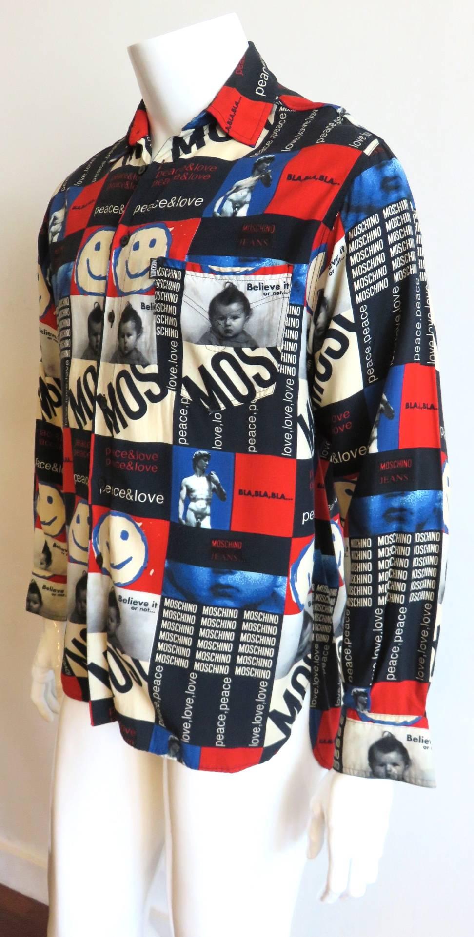 1980's MOSCHINO Men's Peace & Love printed shirt 1