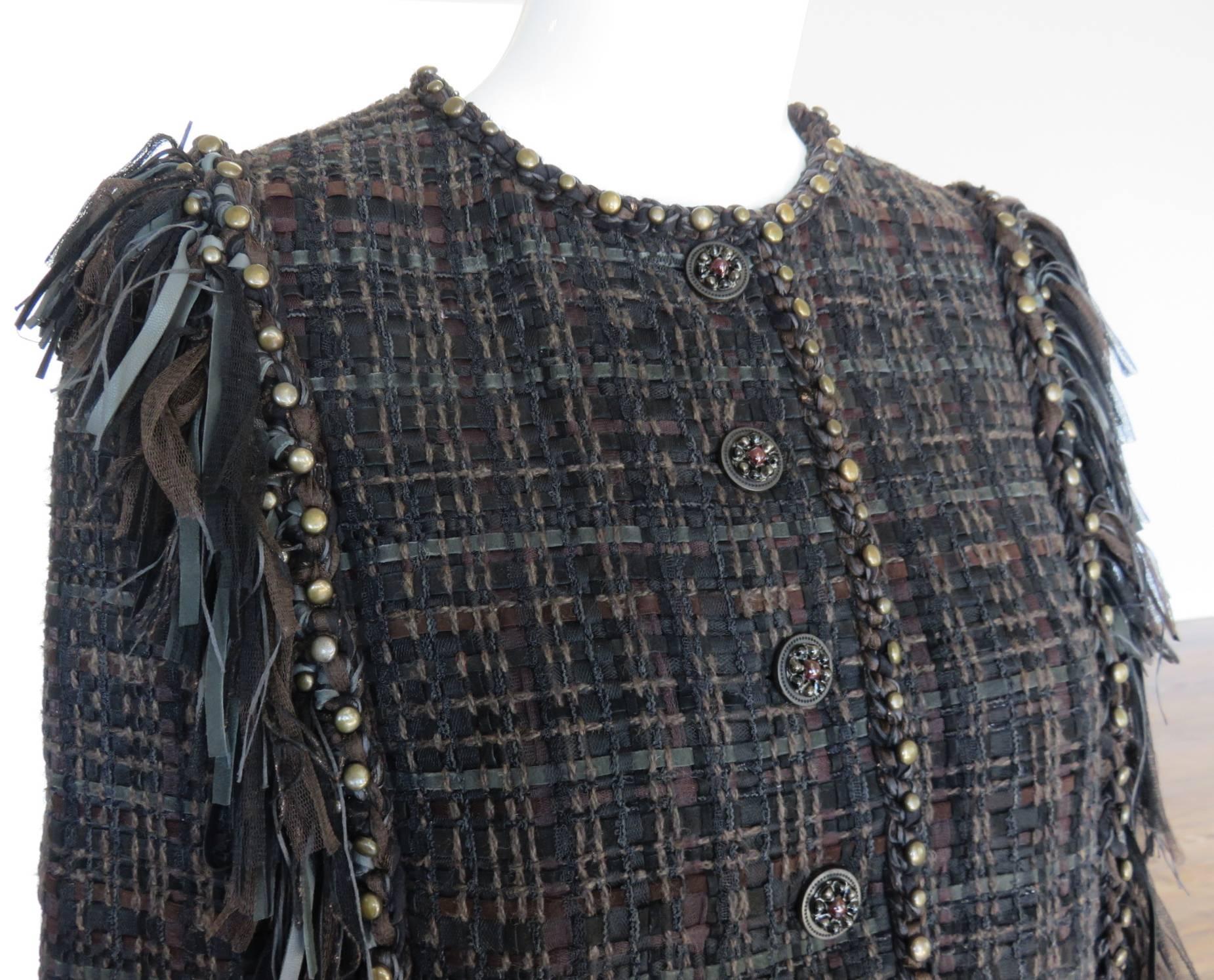 Women's 2014 CHANEL Paris-Dallas Leather Tweed Fringe Jacket