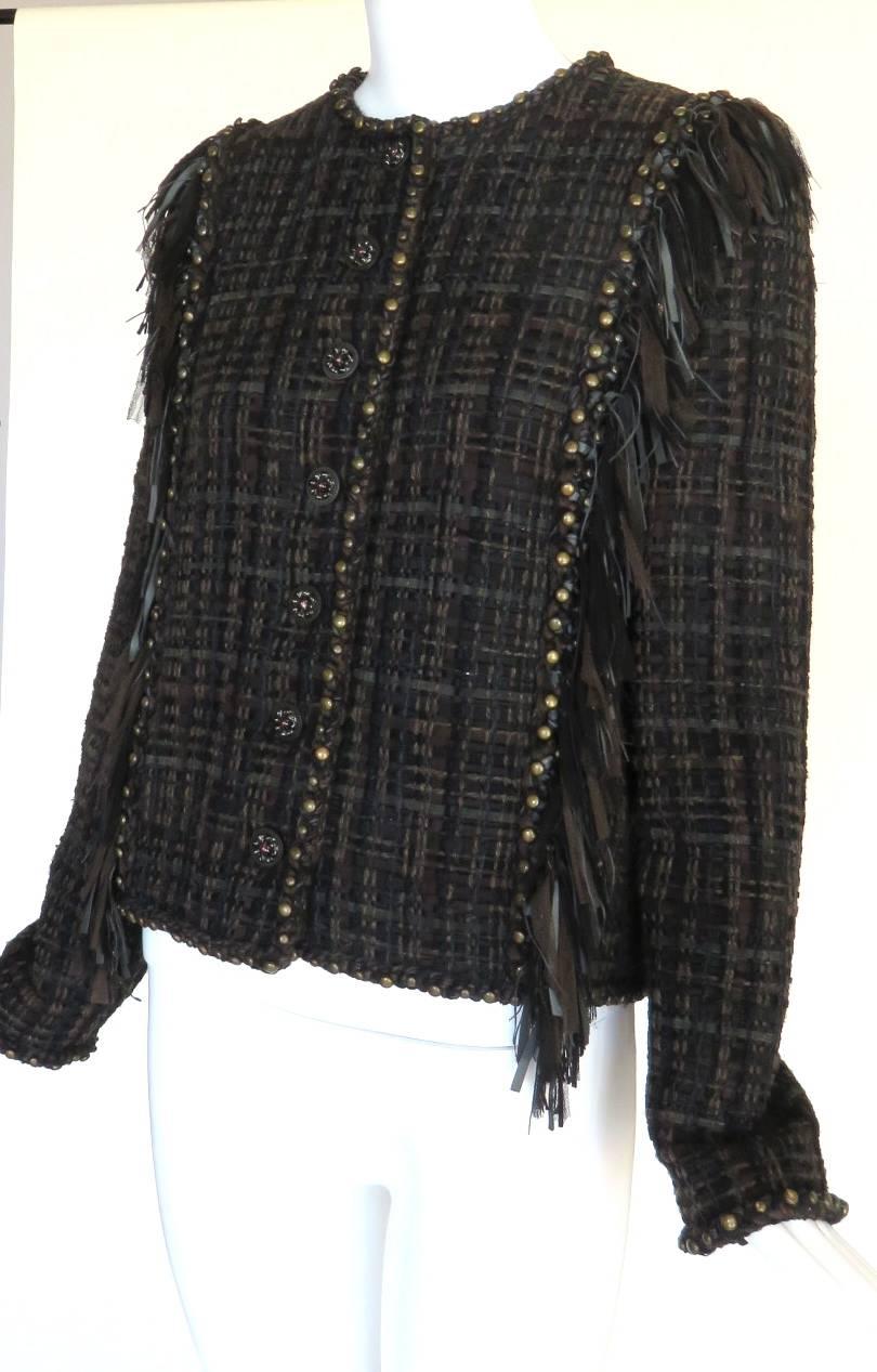 2014 CHANEL Paris-Dallas Leather Tweed Fringe Jacket In Excellent Condition In Newport Beach, CA