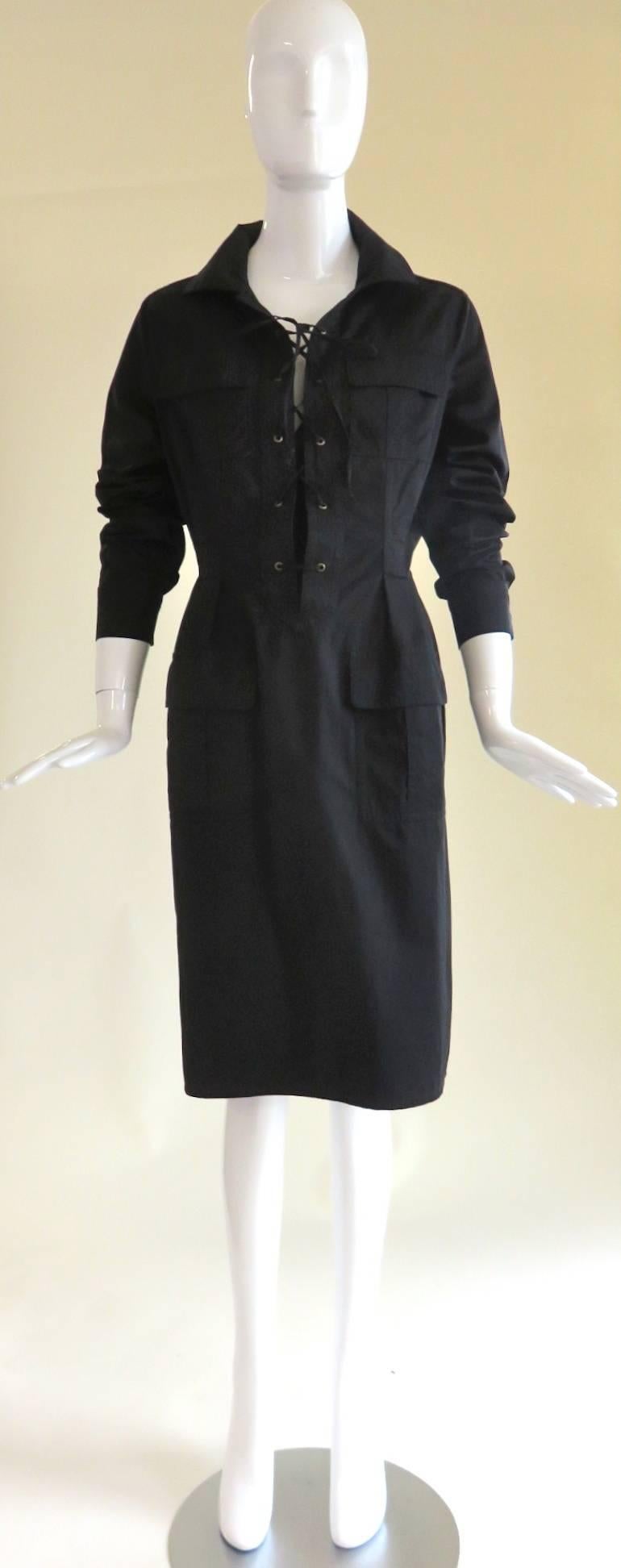 YVES SAINT LAURENT Tom Ford Black Cotton Safari Dress In Excellent Condition For Sale In Newport Beach, CA