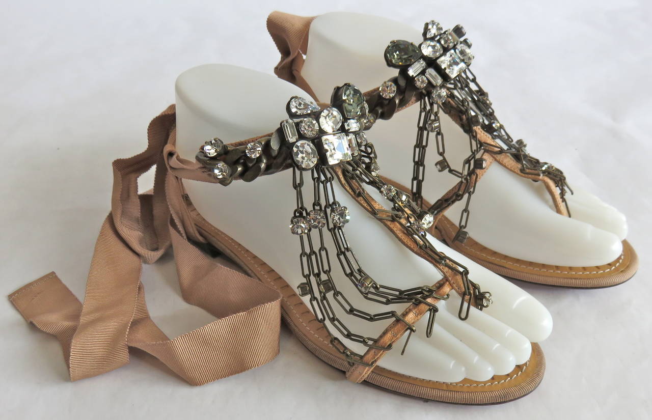 New LANVIN PARIS Chain-link rhinestone sandals shoes 1