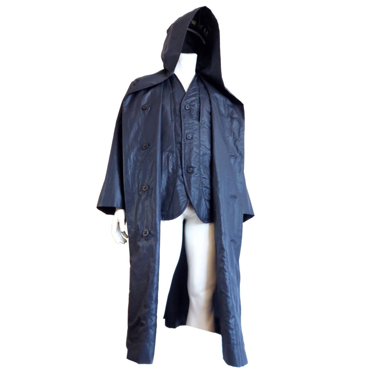 1988 ISSEY MIYAKE MEN Oversized hooded 2pc. coat & vest / waistcoat For Sale