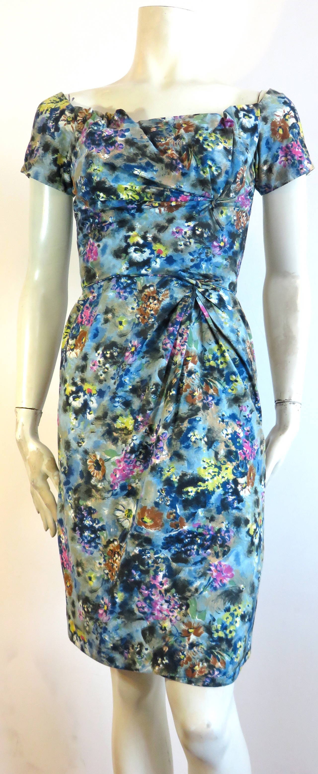 Gray 1950's CEIL CHAPMAN Floral printed dress For Sale