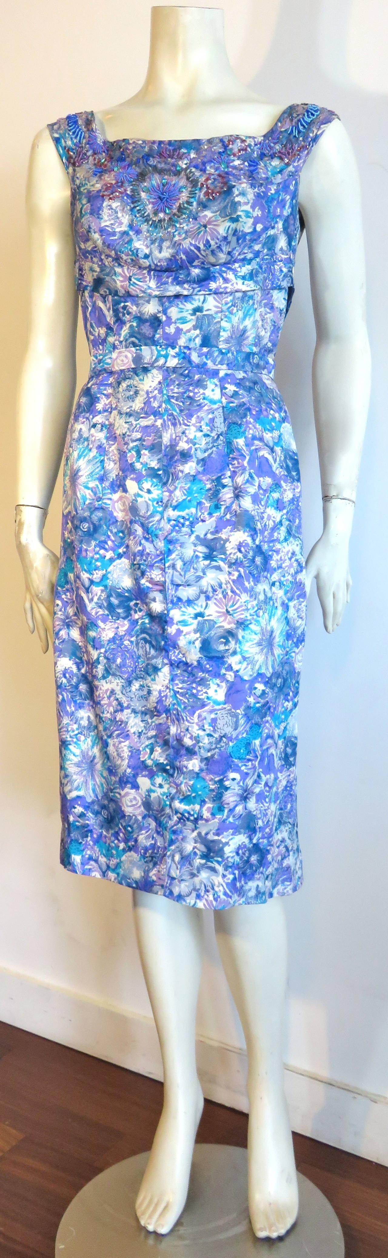 1950's ADELE SIMPSON Beaded floral silk cocktail dress