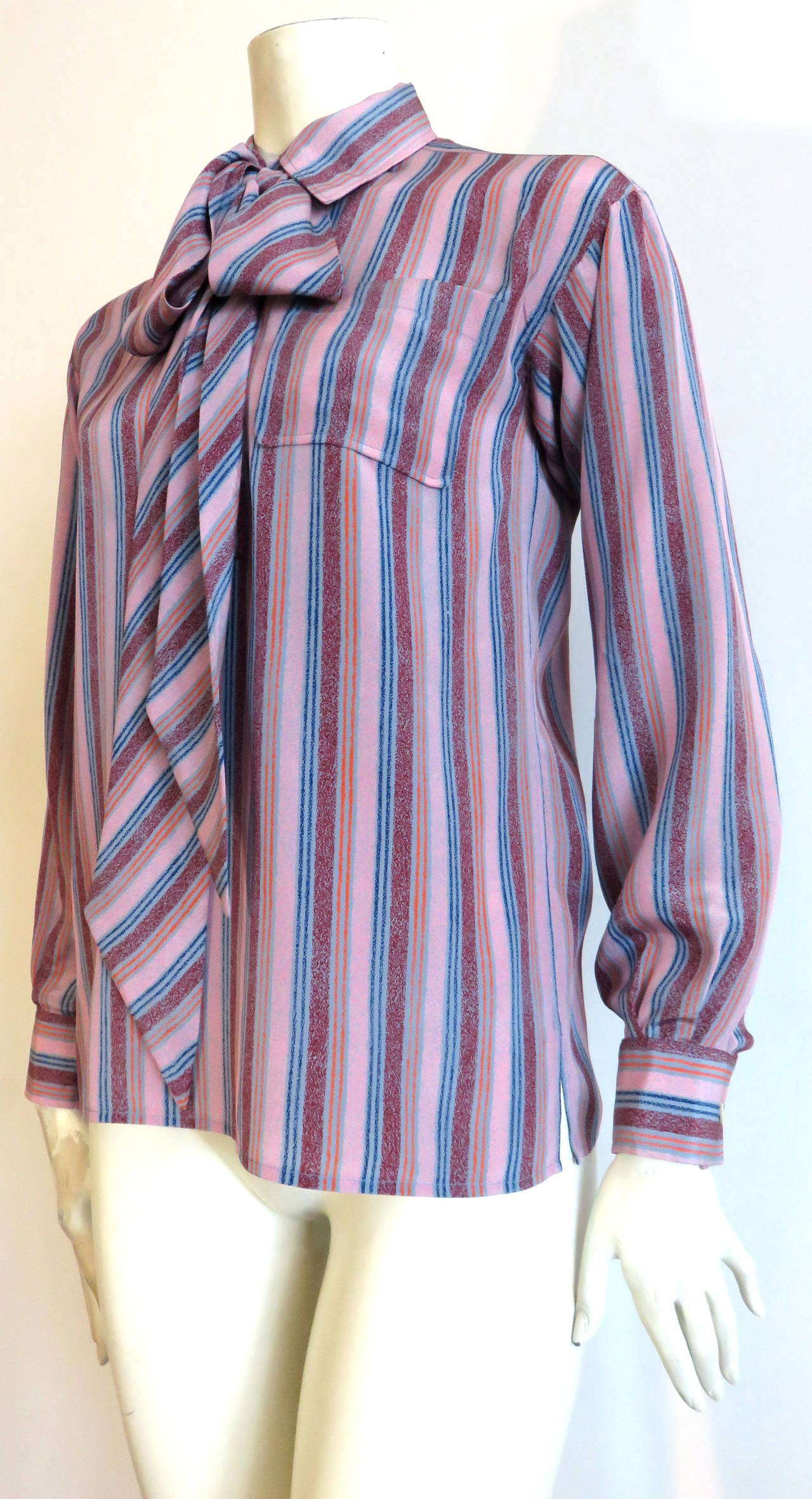 Women's 1970's YVES SAINT LAURENT Stripe silk blouse / shirt & scarf YSL For Sale