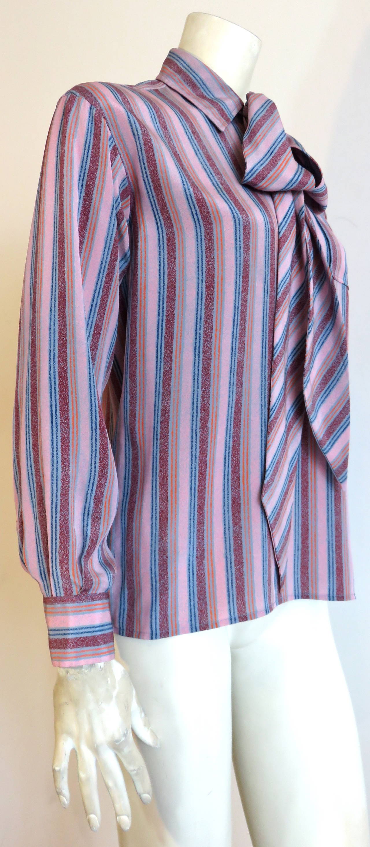 Gray 1970's YVES SAINT LAURENT Stripe silk blouse / shirt & scarf YSL For Sale