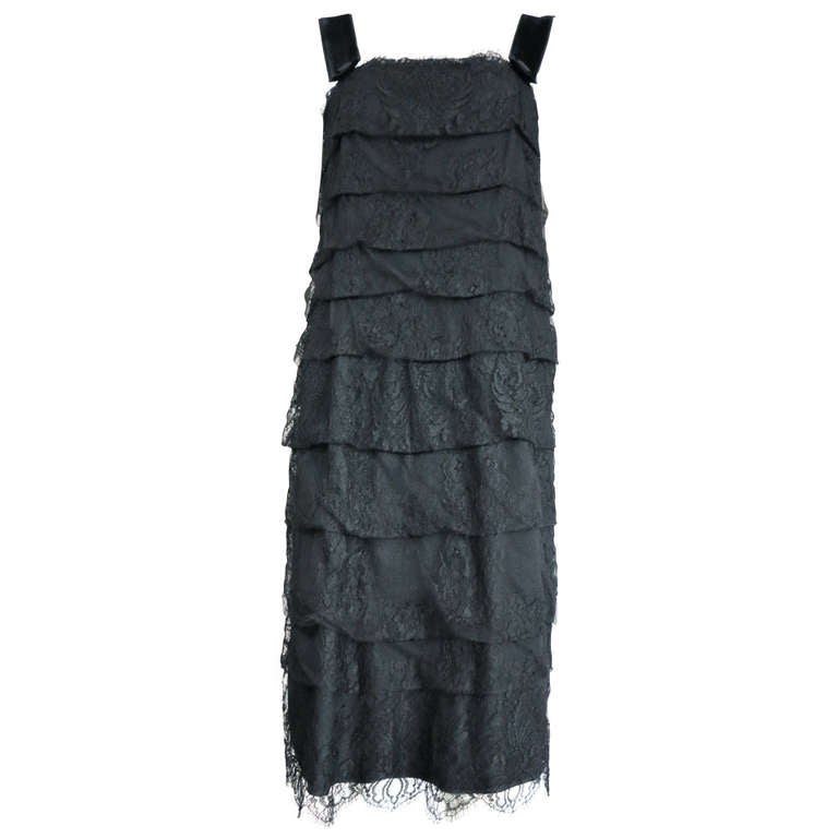 LANVIN PARIS  Tiered black lace dress For Sale