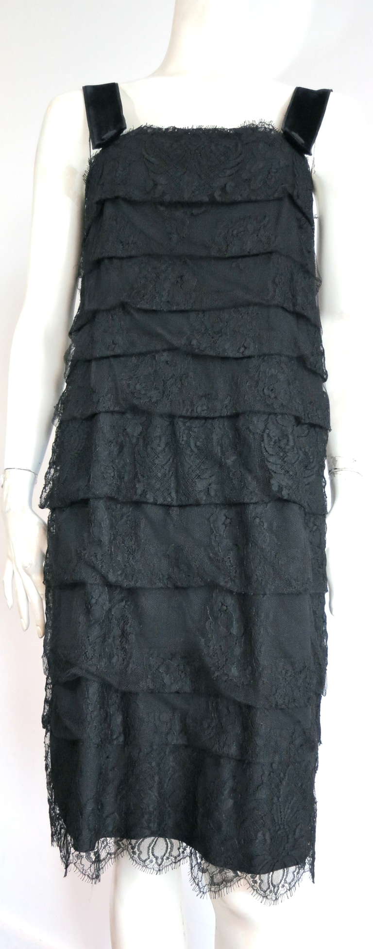 LANVIN PARIS  Tiered black lace dress For Sale 2