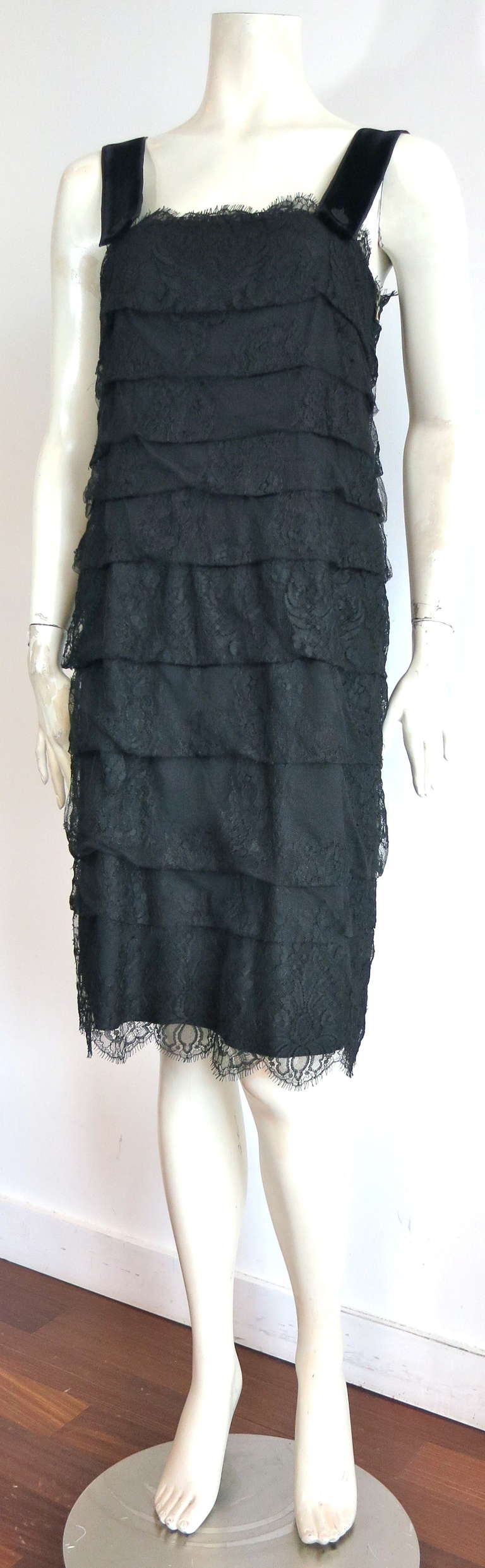 Black LANVIN PARIS  Tiered black lace dress For Sale