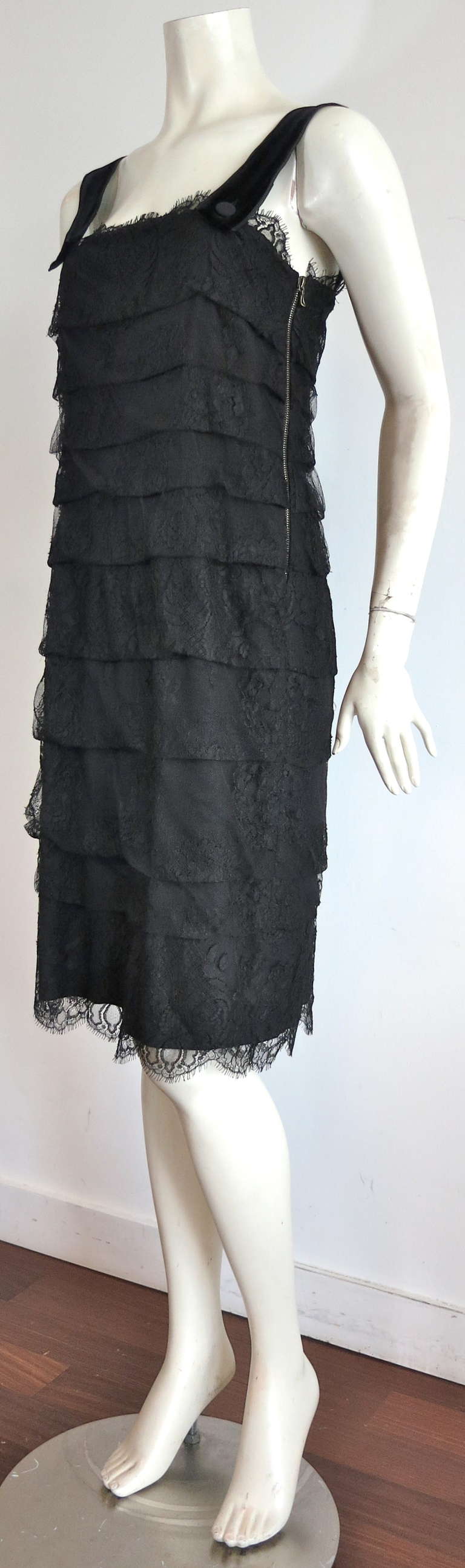 LANVIN PARIS  Tiered black lace dress In Excellent Condition For Sale In Newport Beach, CA