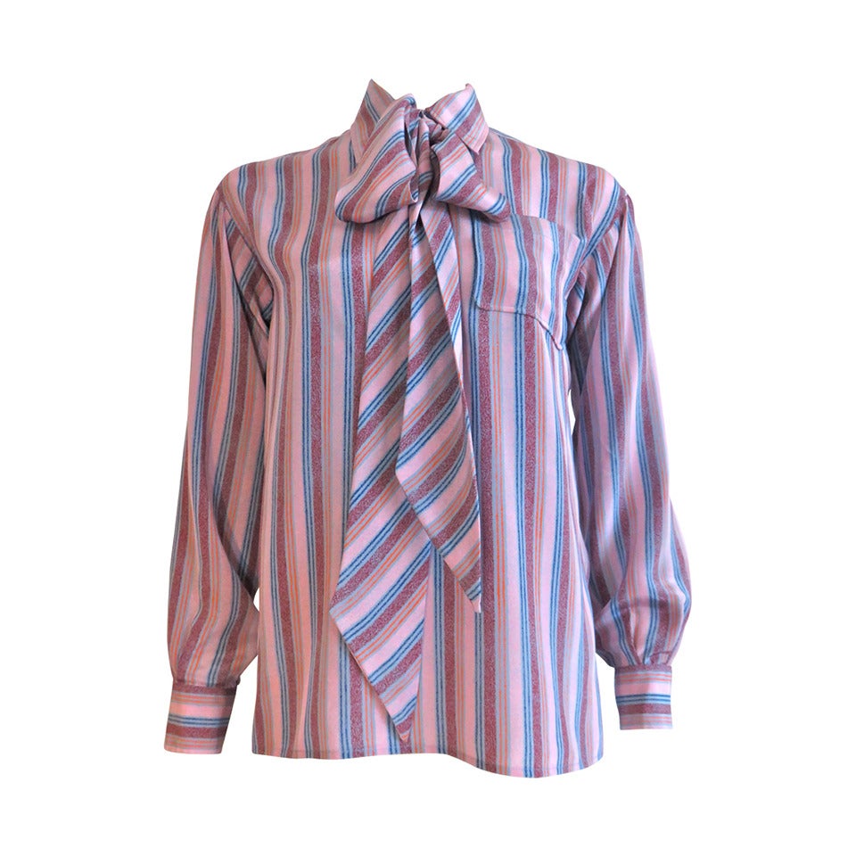 1970's YVES SAINT LAURENT Stripe silk blouse / shirt & scarf YSL For Sale