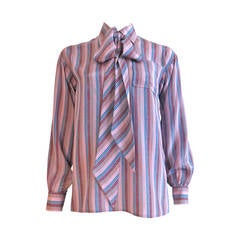 Vintage 1970's YVES SAINT LAURENT Stripe silk blouse / shirt & scarf YSL