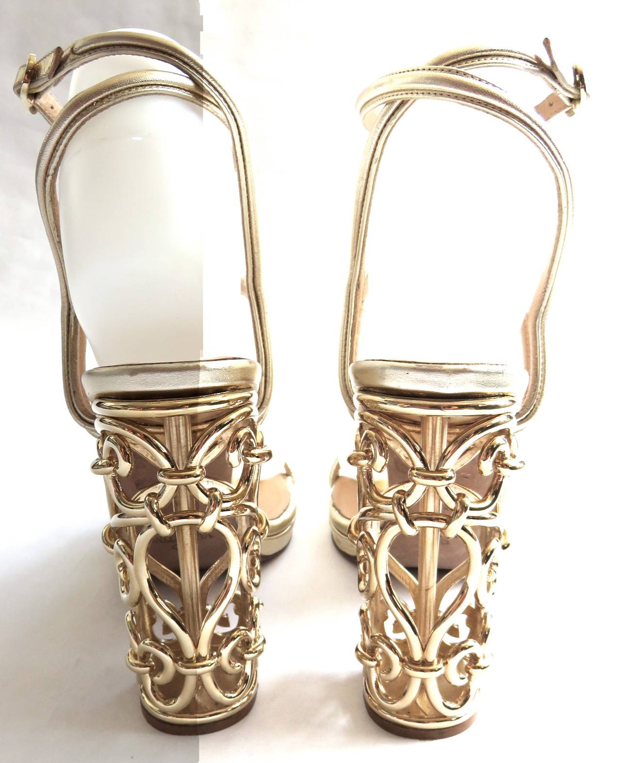 VALENTINO Metallic gold leather & metal cage heels shoes 3