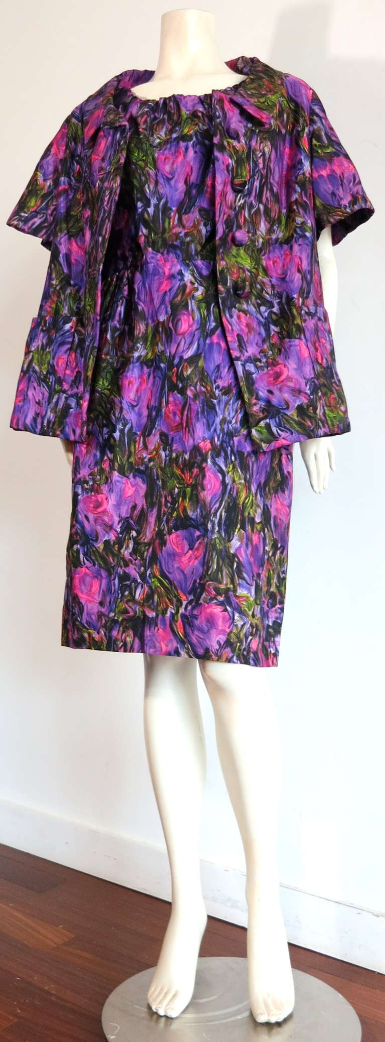 Purple 1961 CHRISTIAN DIOR NY Floral dress & jacket set For Sale