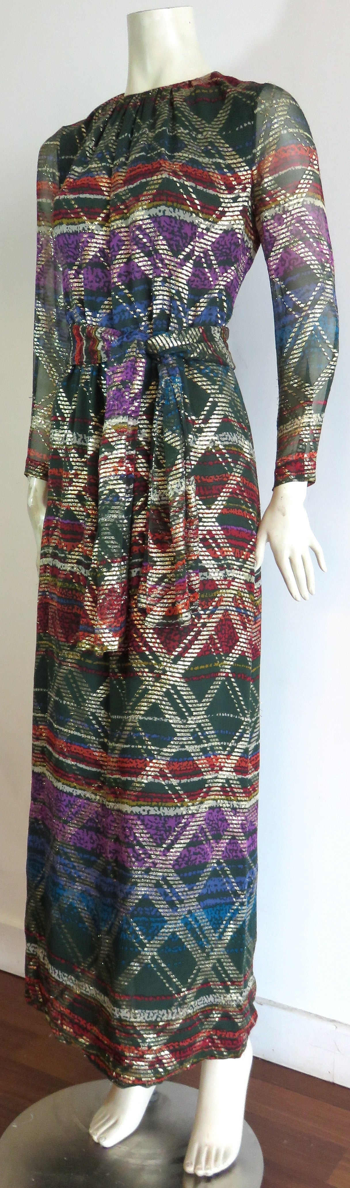 1975 PAULINE TRIGERE Metallic silk chiffon evening dress In Excellent Condition For Sale In Newport Beach, CA