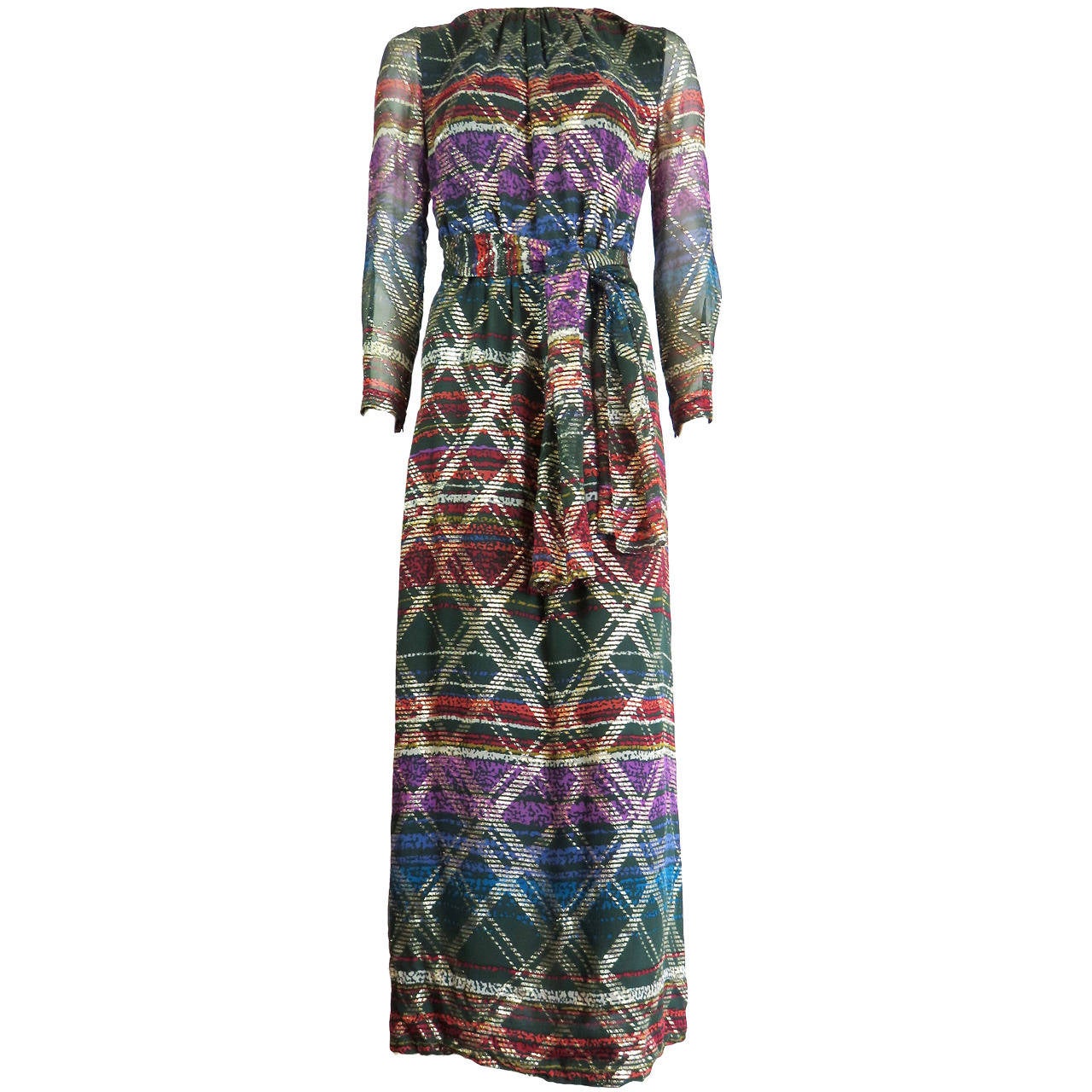 1975 PAULINE TRIGERE Metallic silk chiffon evening dress For Sale