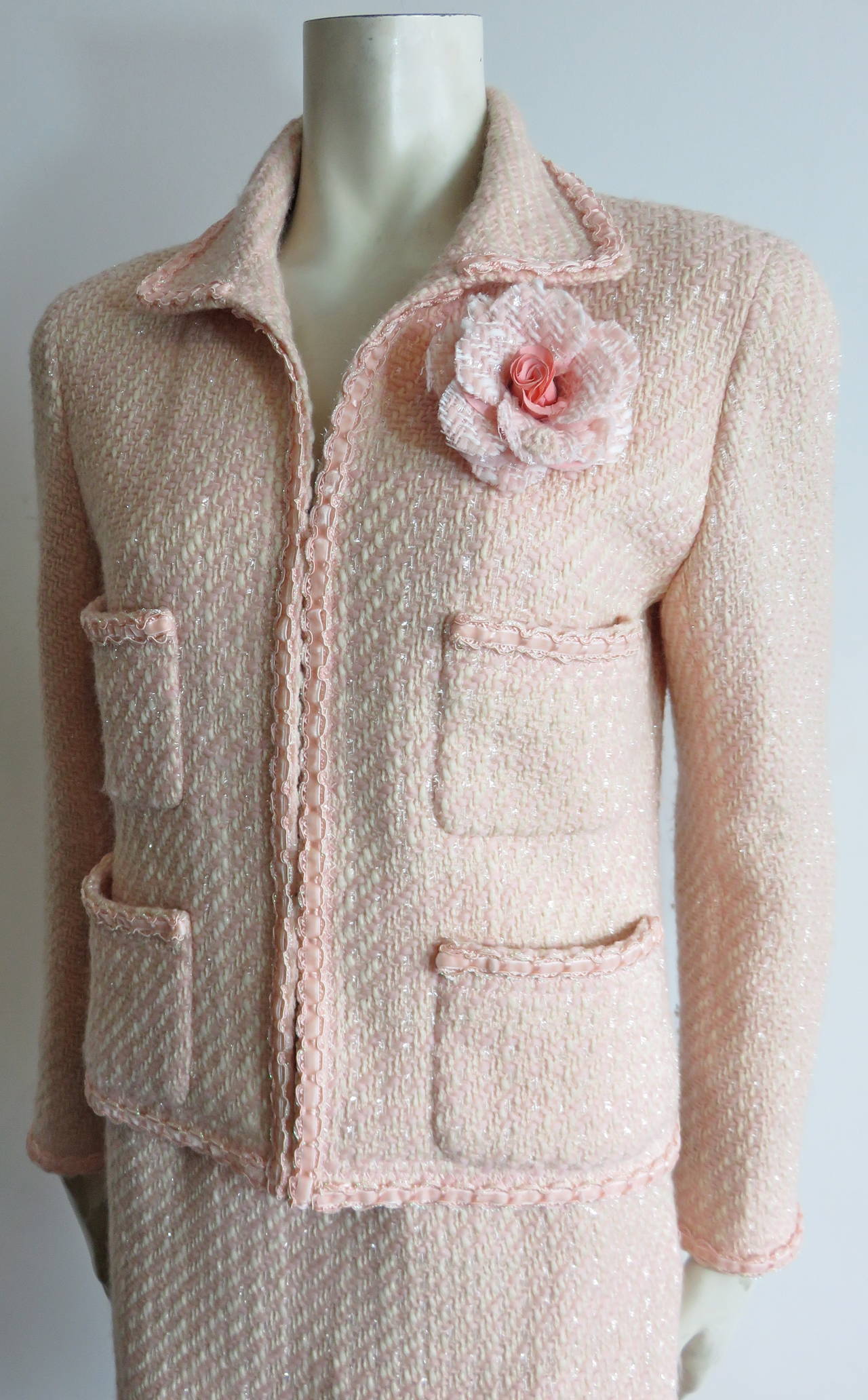 CHANEL PARIS Pink & ivory tweed 2pc. skirt suit 2