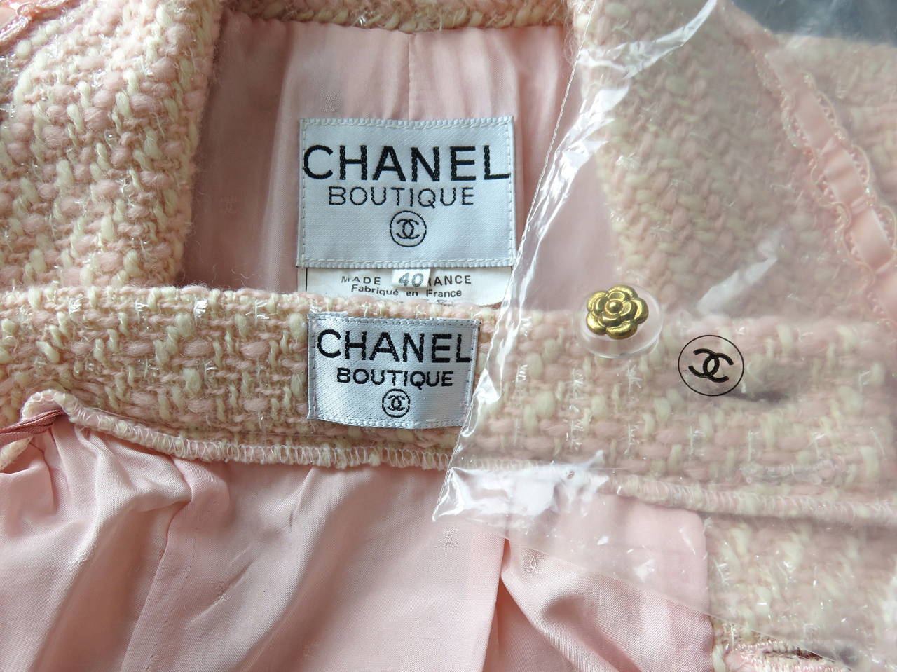 CHANEL PARIS Pink & ivory tweed 2pc. skirt suit 5