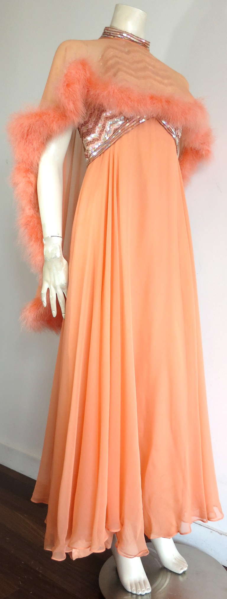 1960's Beaded silk dress & marabou evening cape For Sale 3