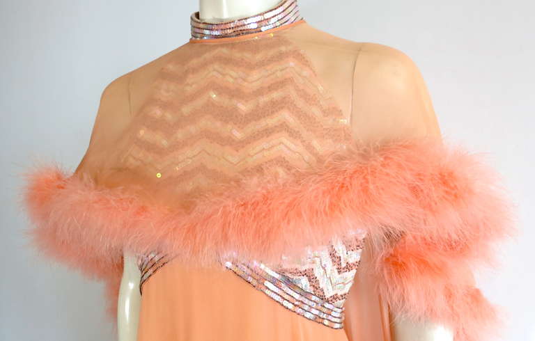 Orange 1960's Beaded silk dress & marabou evening cape For Sale
