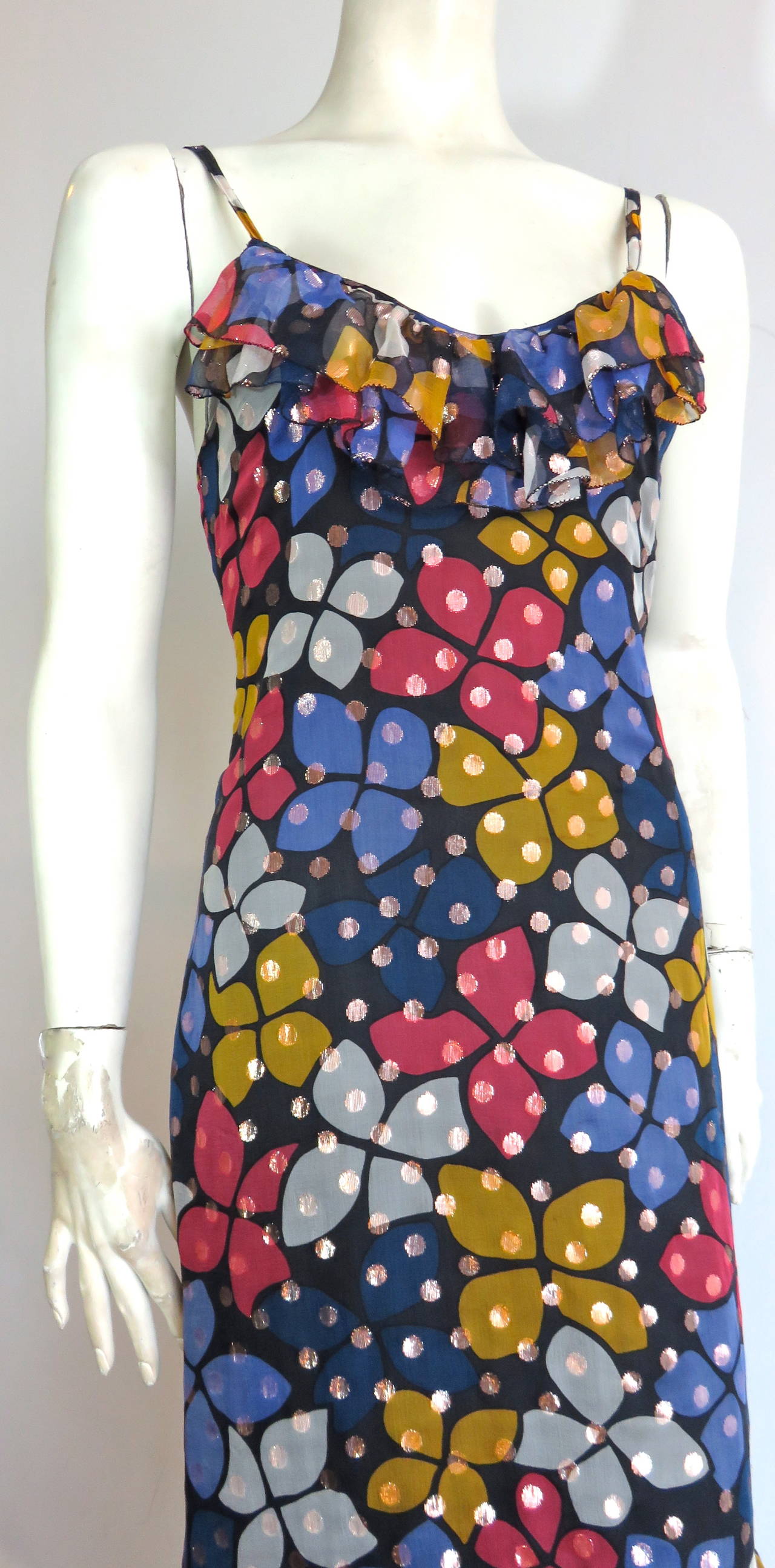 Black 1970's SONIA RYKIEL Metallic silk floral dress For Sale