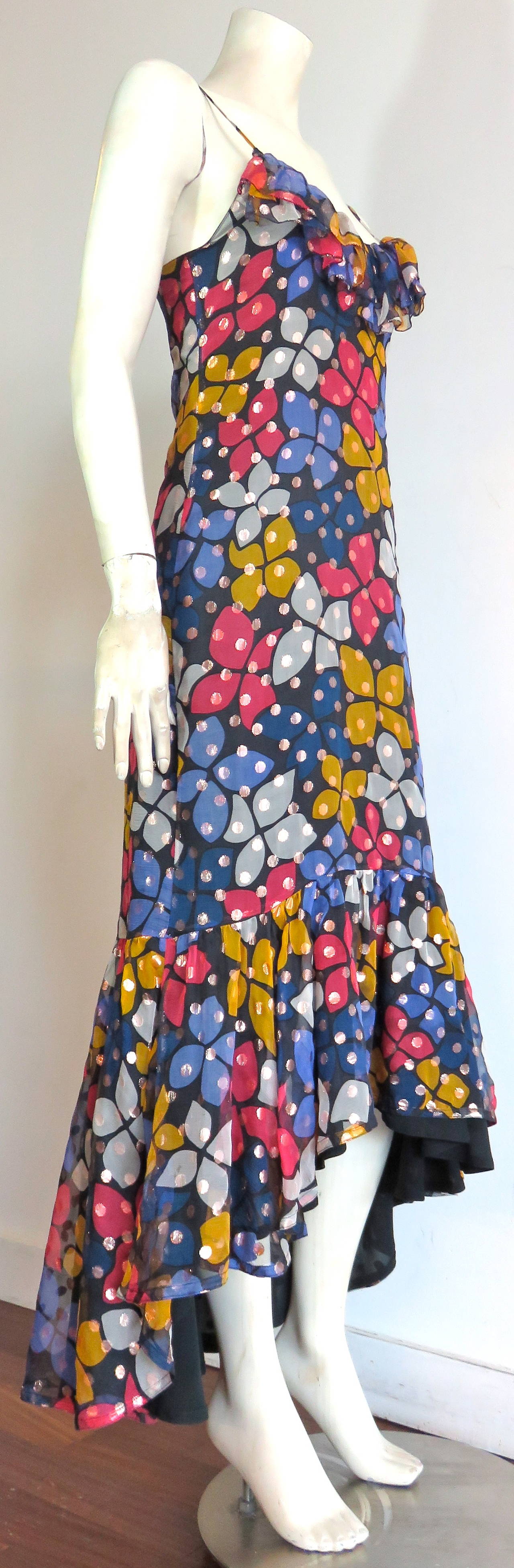 1970's SONIA RYKIEL Metallic silk floral dress In Excellent Condition For Sale In Newport Beach, CA