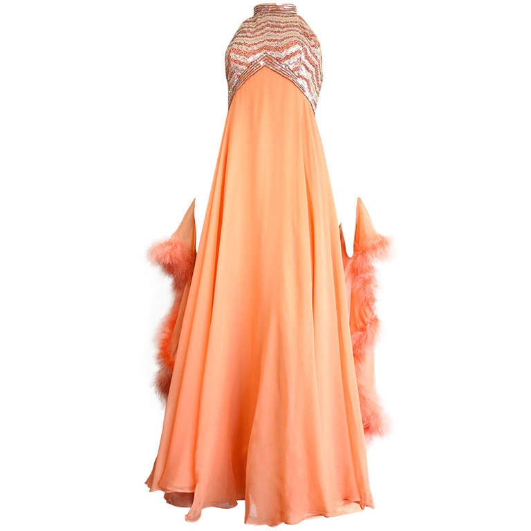 1960's Beaded silk dress & marabou evening cape For Sale