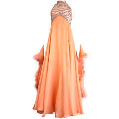 1960's Beaded silk dress & marabou evening cape