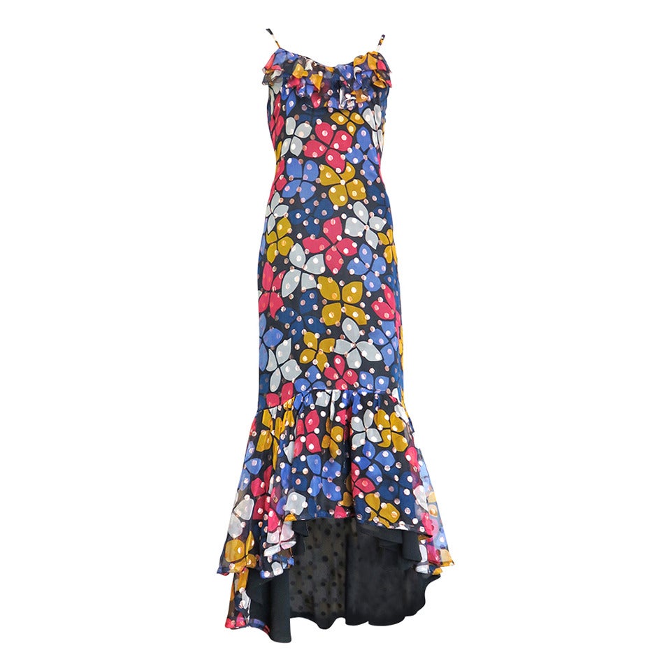 1970's SONIA RYKIEL Metallic silk floral dress For Sale
