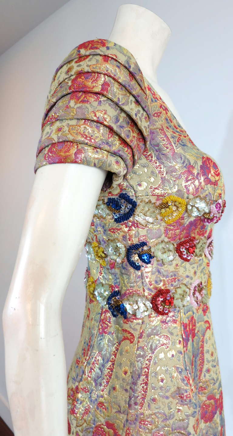 Vintage hand-beaded brocade evening dress For Sale 3