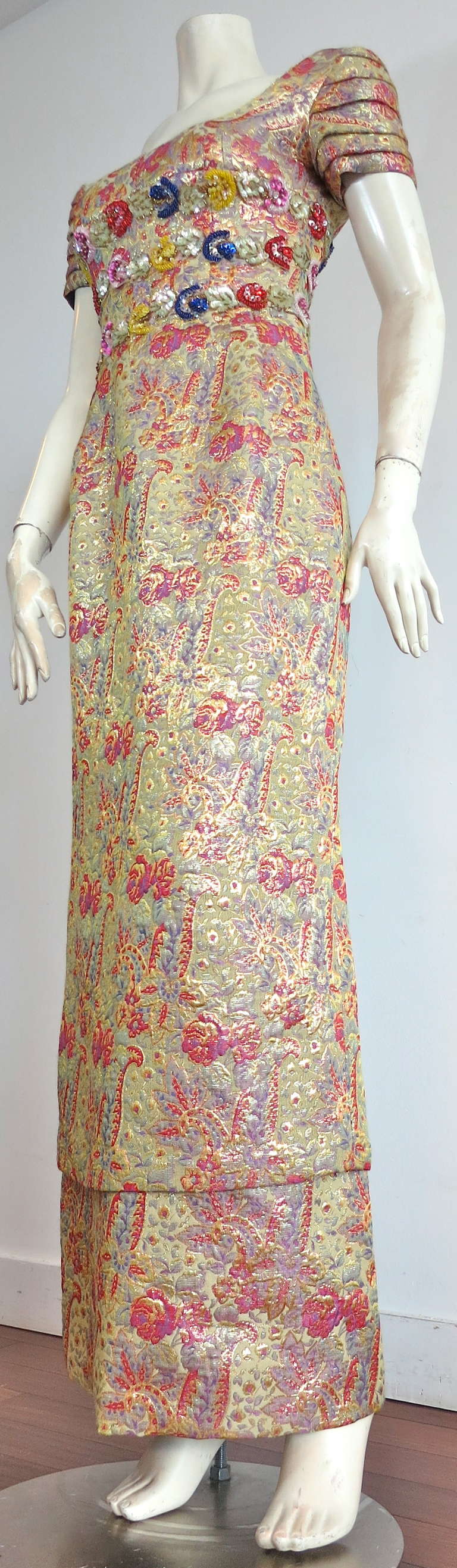 Brown Vintage hand-beaded brocade evening dress For Sale