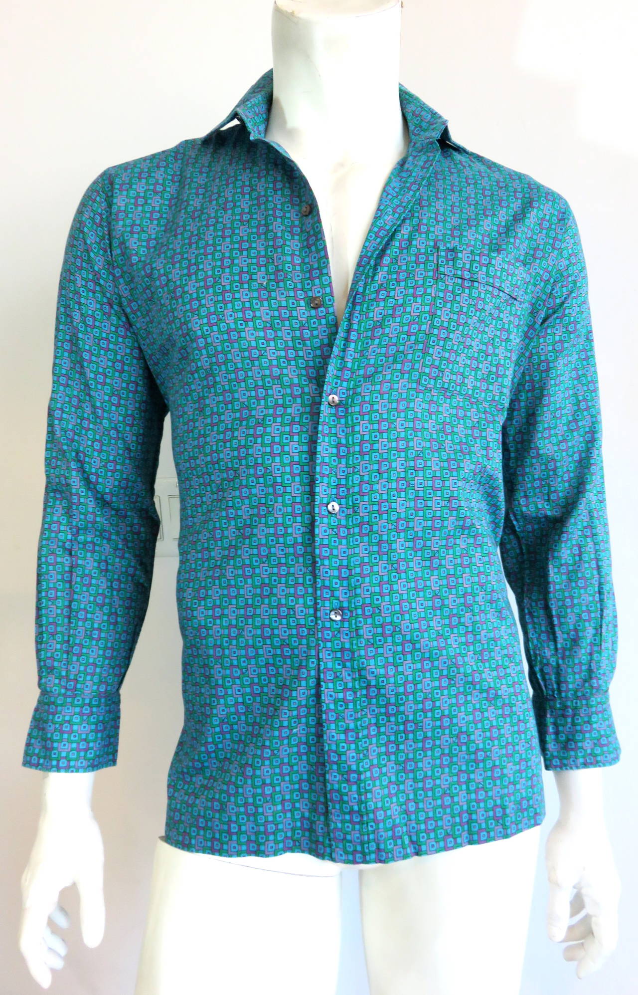 Women's 1970's EMILIO PUCCI Men's signed squares printed woven shirt