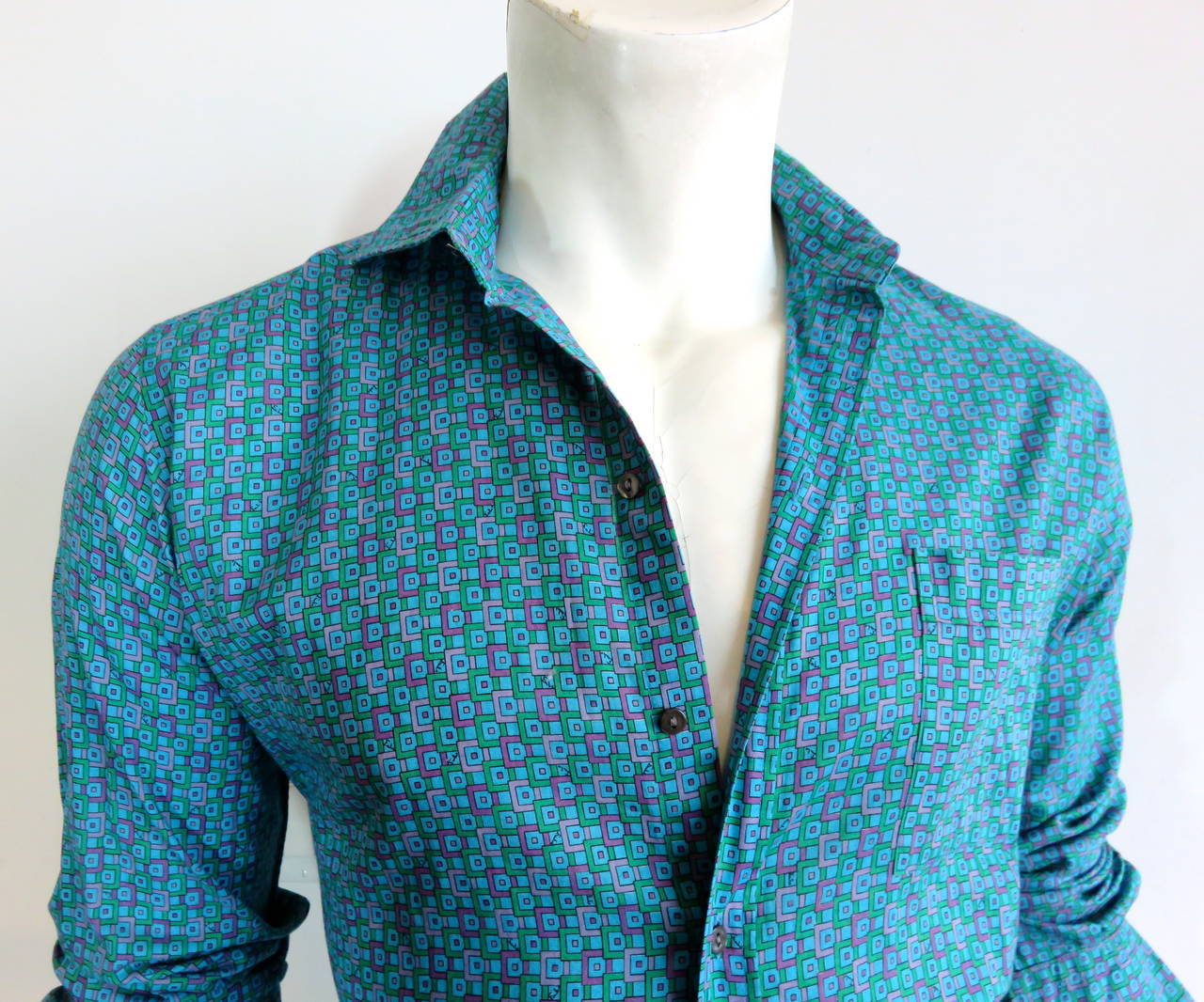 1970's EMILIO PUCCI Men's signed squares printed woven shirt In Excellent Condition In Newport Beach, CA