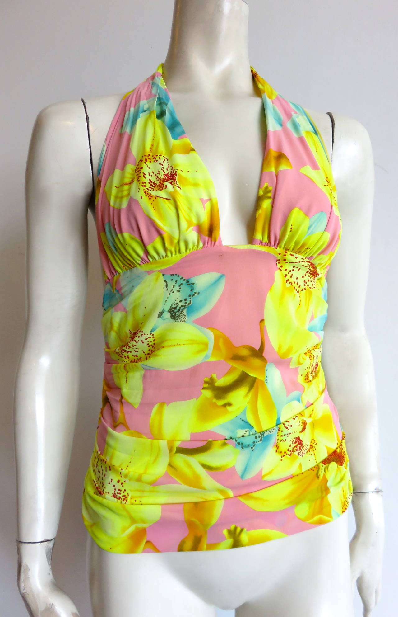 VERSACE Tropical orchid printed silk halter top For Sale at 1stDibs